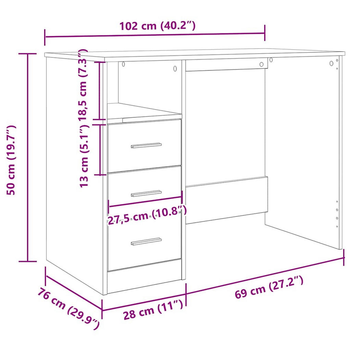SCHREIBTISCH Modern mit 3 Schubladen 102/76/50 cm aus Holzwerkstoff Altholz-Optik Dekor - Graubraun, Holz (76/102/50cm) - vidaXL