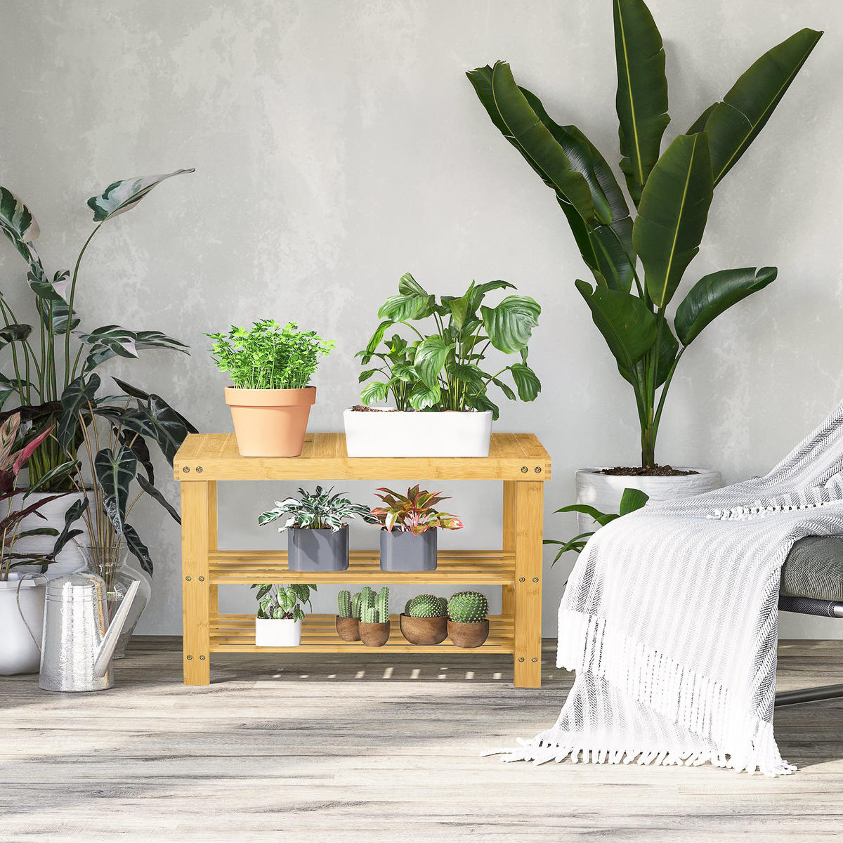 SCHUHBANK, Schuhregal mit 3 Etagen, Sitzbank aus Bambus für 6 Paar Schuhe - Naturfarben, Holz (28/45/70cm) - HOMCOM