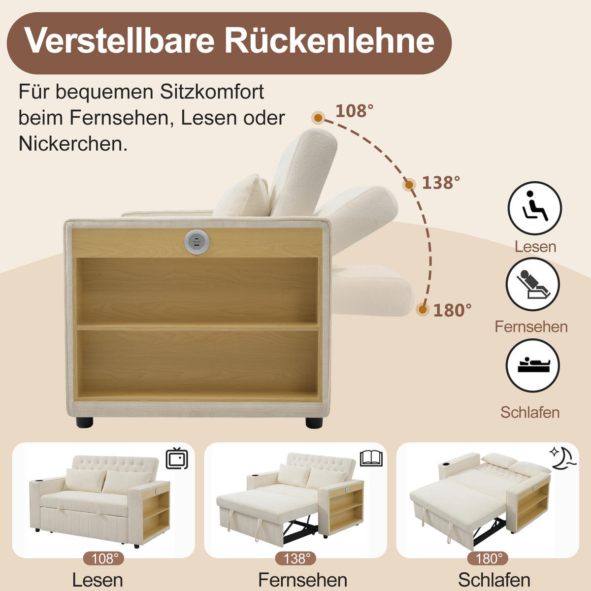 SCHLAFSOFA, Chenille mit Schlaffunktion & USB-Anschluss, 140/137/84 cm, Beige, inkl. 2 Kissen - Beige, Textil (137/84/140cm) - Redom
