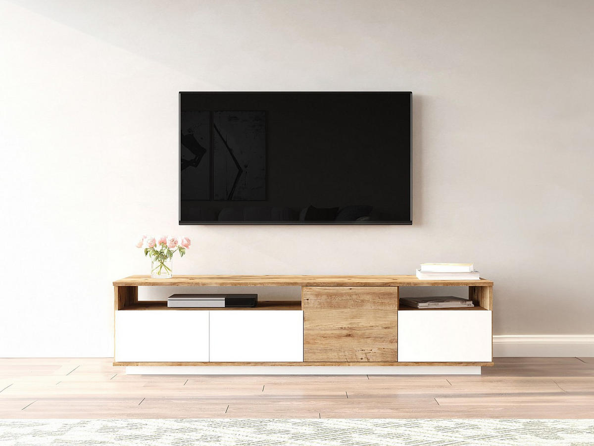 TV-MÖBEL mit 4 Türen & 2 Regalen - Holzfarben hell & Weiß - CEDONA - Naturfarben, Holz (180/44.6/44.5cm) - Vente-Unique