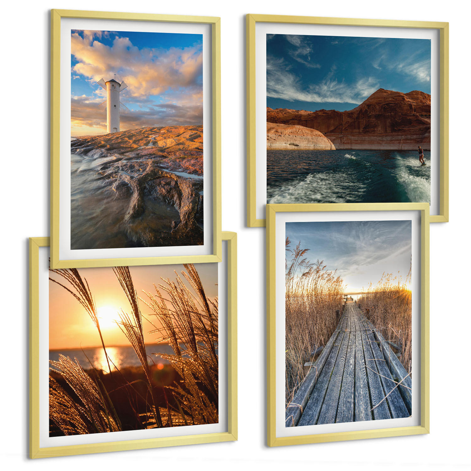 BILDER SET 4er Set - 50x50 cm & 40x60 cm Goldrahmen - Leuchtturm-Grassteg - Goldfarben, Kunststoff (50/50cm) - TULUP
