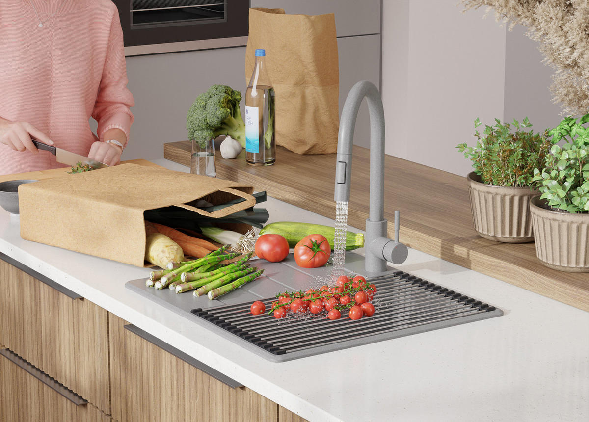 SPÜLBECKEN Kopenhagen, 2-er set Grau 55/50 cm 1 Becken + Ablauf-Set + Schneidebrett ab 40er Unterschrank - Chromfarben/Beige, Kunststoff (55/20/50cm) - Primagran