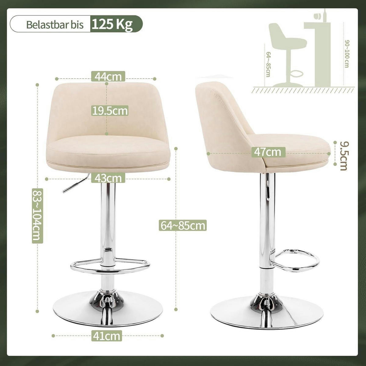 BARHOCKER 2er Set höhenverstellbar PU-Leder Beigeweiß - Beige, Kunststoff (48/85/45cm)