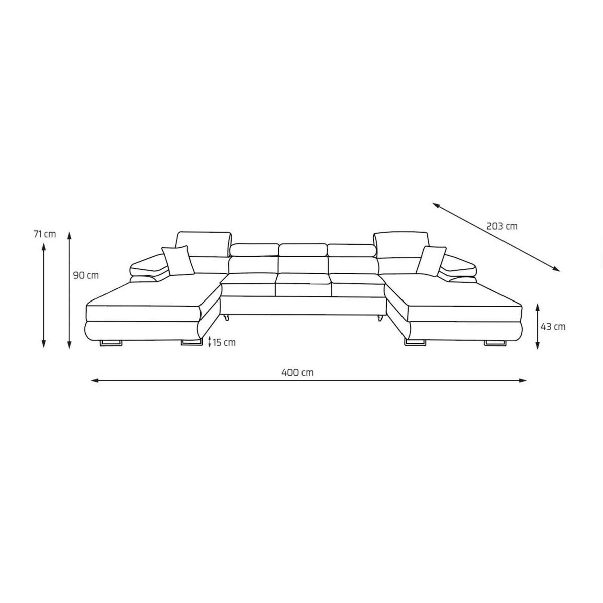ECKSOFA U-Form ALONZO MAXI U mit Schlaffunktion 125x318 Velours Grau - Silberfarben/Grau, Holz/Textil (400/90/203cm) - Muffo