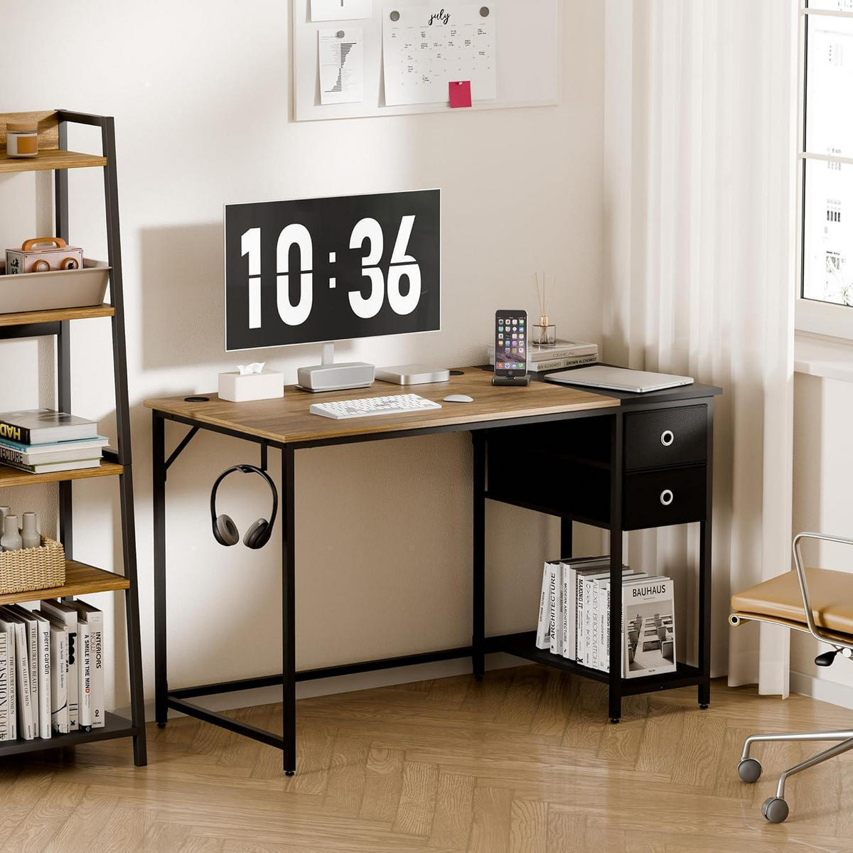 SCHREIBTISCH mit Schubladen und Kopfhörerhalter 120 x 60 x 76 cm Vintage Braun - Multicolor, Holzwerkstoff (60/120/76cm)