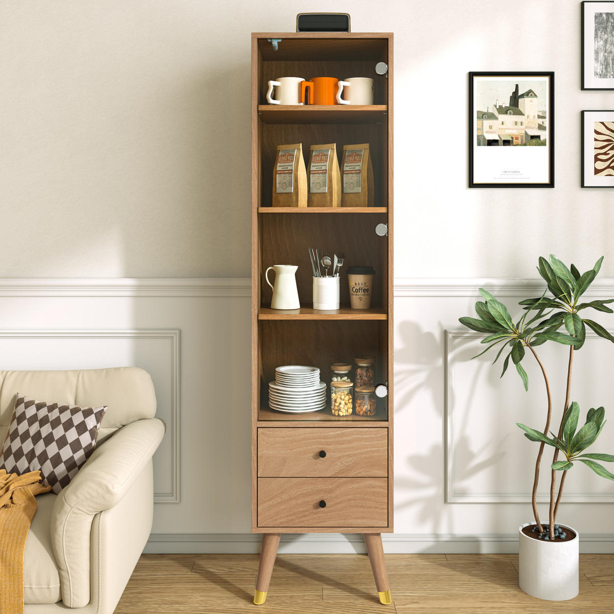 VITRINE in Naturfarben mit Glastür und 2 Schubladen für Wohnzimmer, B39,8/T35/H160 cm - Transparent/Naturfarben, Glas/Holzwerkstoff (39.8/160/35cm) - STILVORA