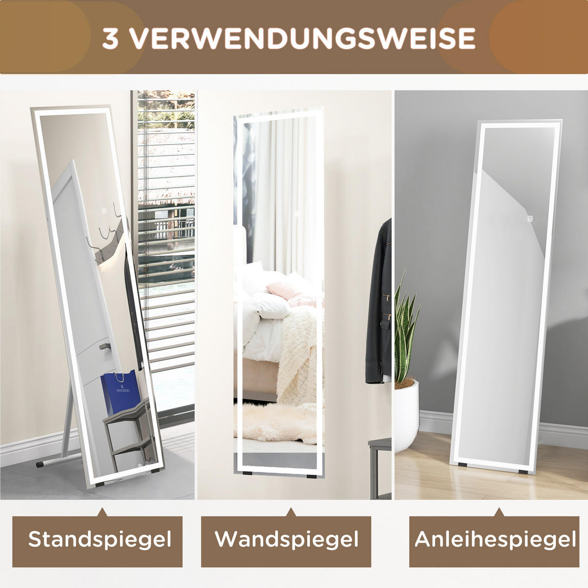 STANDSPIEGEL, mit LED-Leuchte, 3 Lichtfarbe, für Wohnzimmer, Schlafzimmer, Weiß - Weiß, Glas (40/2.9/150cm) - HOMCOM