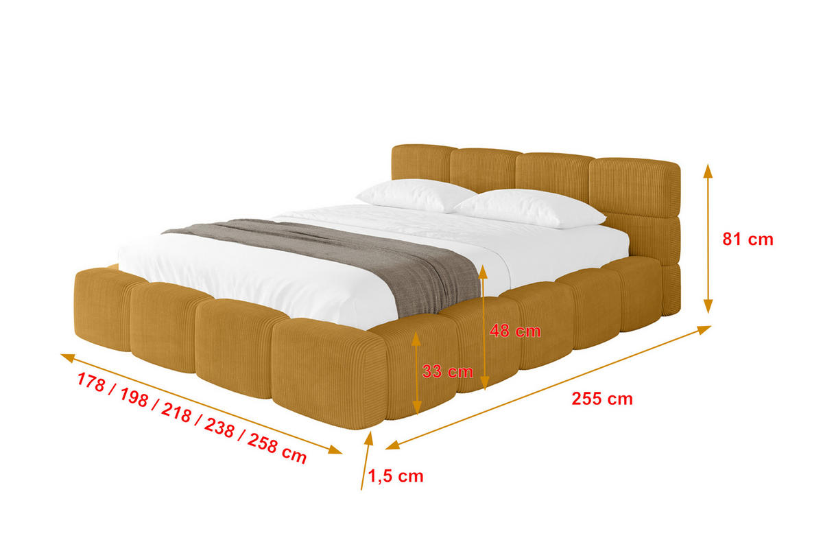 POLSTERBETT mit Bettkasten und Lattenrost, Bett mit Matratze H3/H4, Kopfteil, Boxbett, Doppelbett mit Stauraum - NATA-v1 200x200 Senfgelb - Kupferfarben, Holzwerkstoff/Textil (200/200cm) - ALTDECOR
