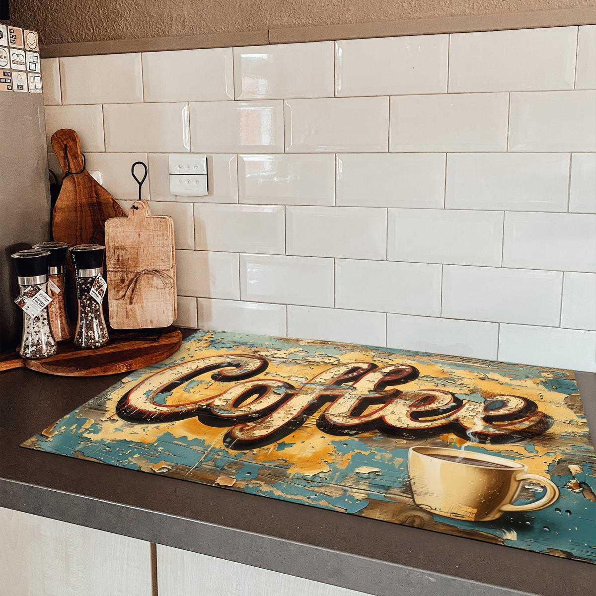 HERDABDECKPLATTE Kaffee - Vintage - Braun - Tasse Induktionsschutz 81.6x52.7 cm - Teakfarben, Kunststoff (81.6/52.7/0.2cm) - MuchoWow