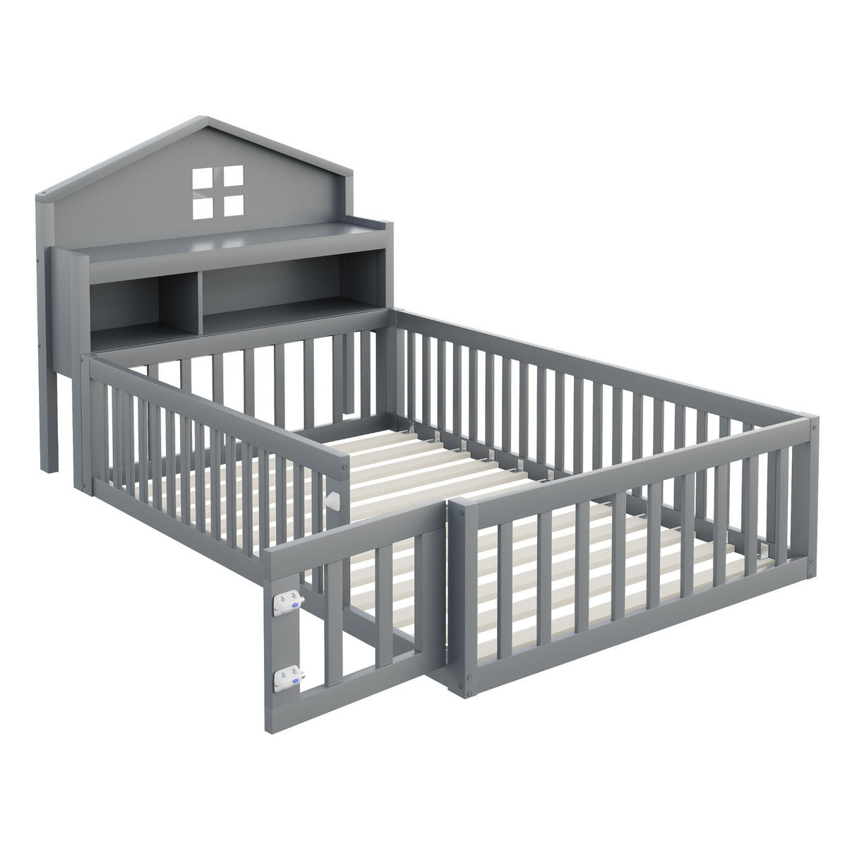 KINDERBETT 90/200 cm in Hausform mit Schutzgitter, Tür und Stauraum - Grau, Holzwerkstoff (90/200cm) - BEAOK