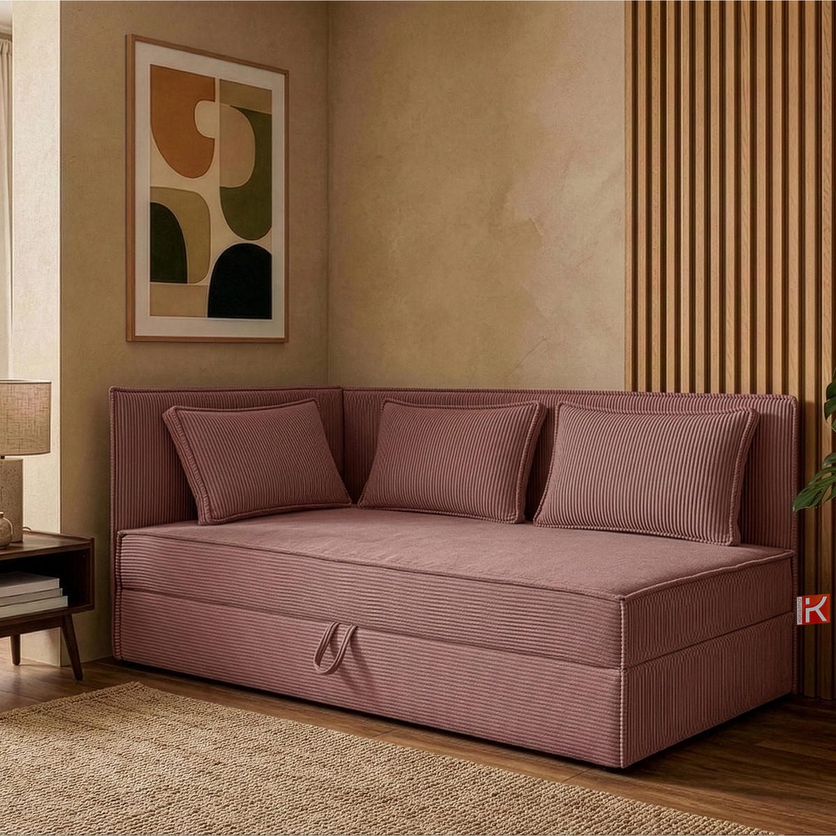 JUGENDBETT ROTI Einzelbett mit Bettkasten, 90x200cm, Bett mit Bonellmatratze, mit Rückenlehne - Pink/Schwarz, Holz/Holzwerkstoff (92/200cm) - KONSIMO®