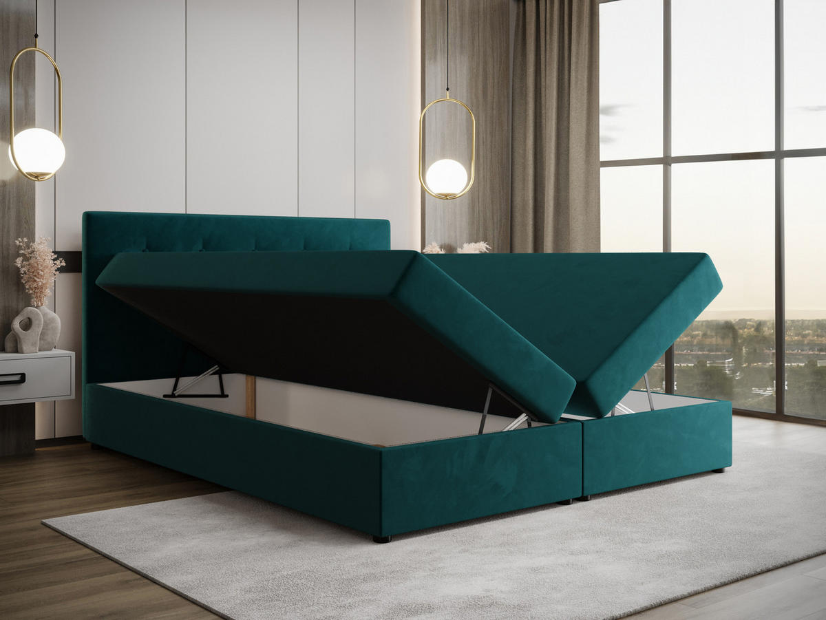 BOXBETT FADO 22 mit Matratze H3, Bonell und Topper 160x200 Itaka 39 - Türkis, Holz/Textil (160/200cm) - Bedante