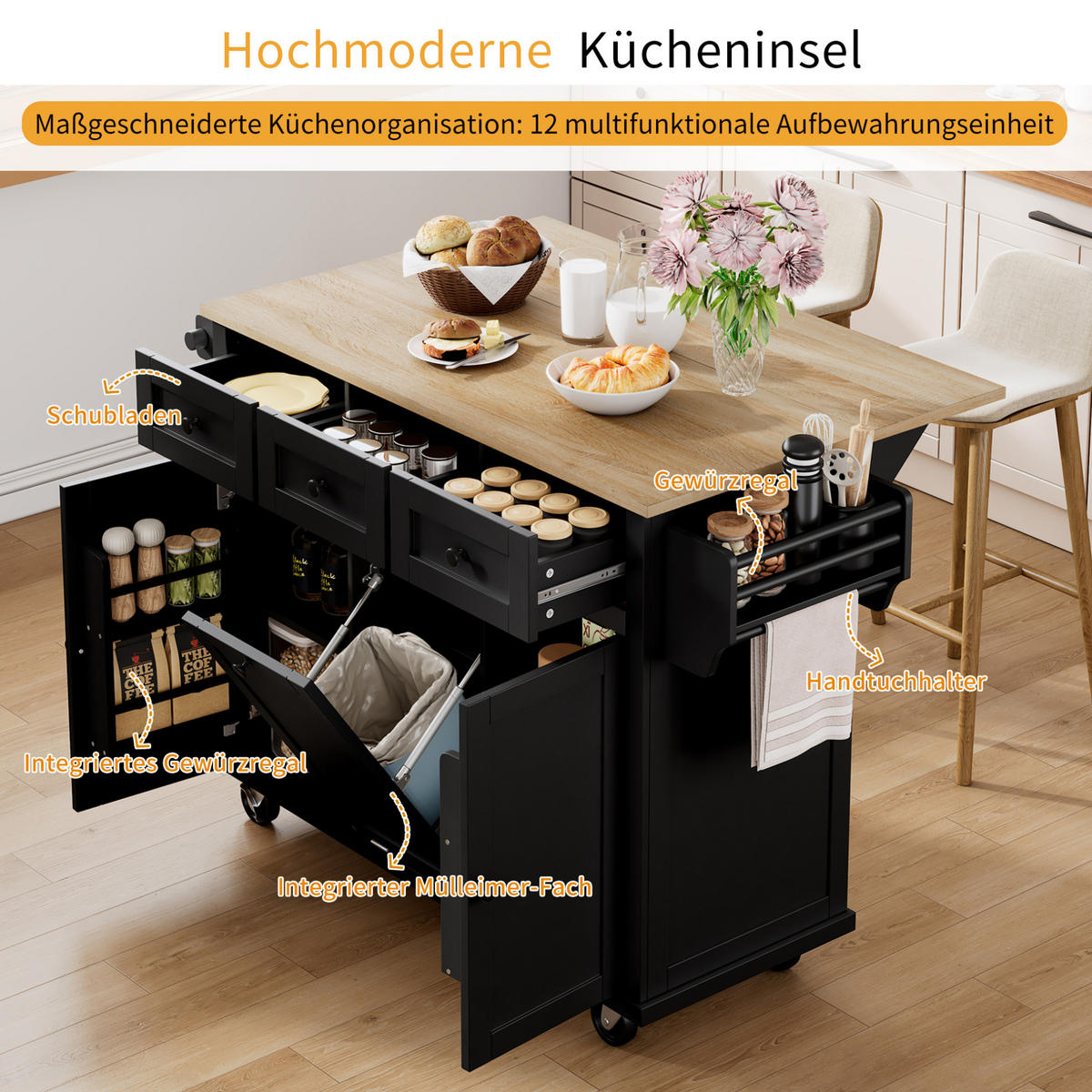 KÜCHENINSEL mit ausziehbarer Arbeitsplatte 112 cm Schwarz/Natur - Schwarz, Holz (46.2/92.7/131.2cm) - Beauniv
