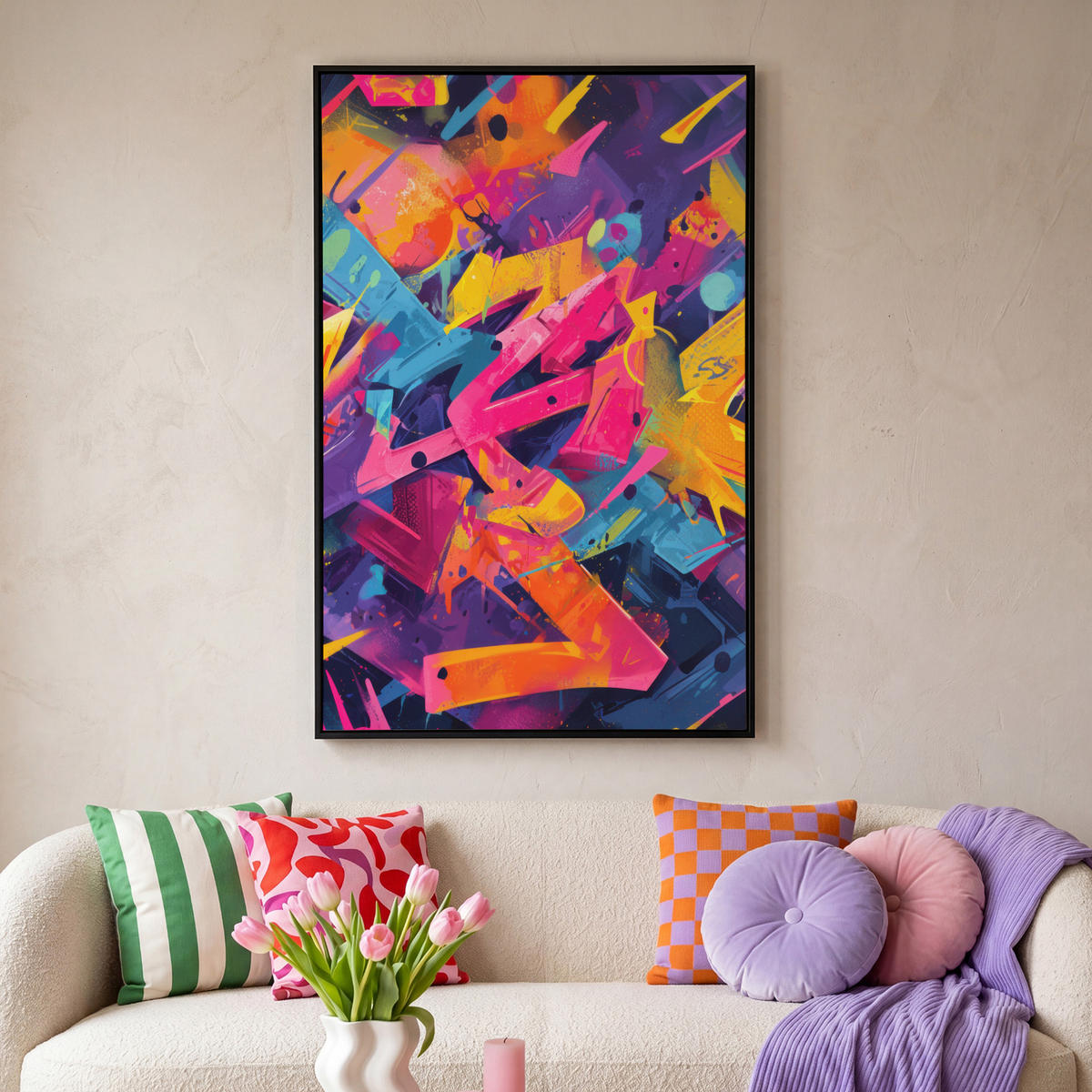 LEINWAND Bilder mit Rahmen - Abstrakt - Formen - Farbenfroh - 80x120 - Magenta, Textil (80/120cm) - MuchoWow