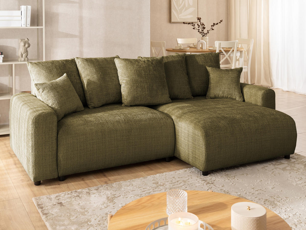 ECKSOFA Calma mit Schlaffunktion und Bettkasten im Bumpy-Design aus weichem Grün Chenille-Stoff - Ottomane rechts - Beige/Schwarz, Holz/Kunststoff (239/140cm) - S-Style Möbel