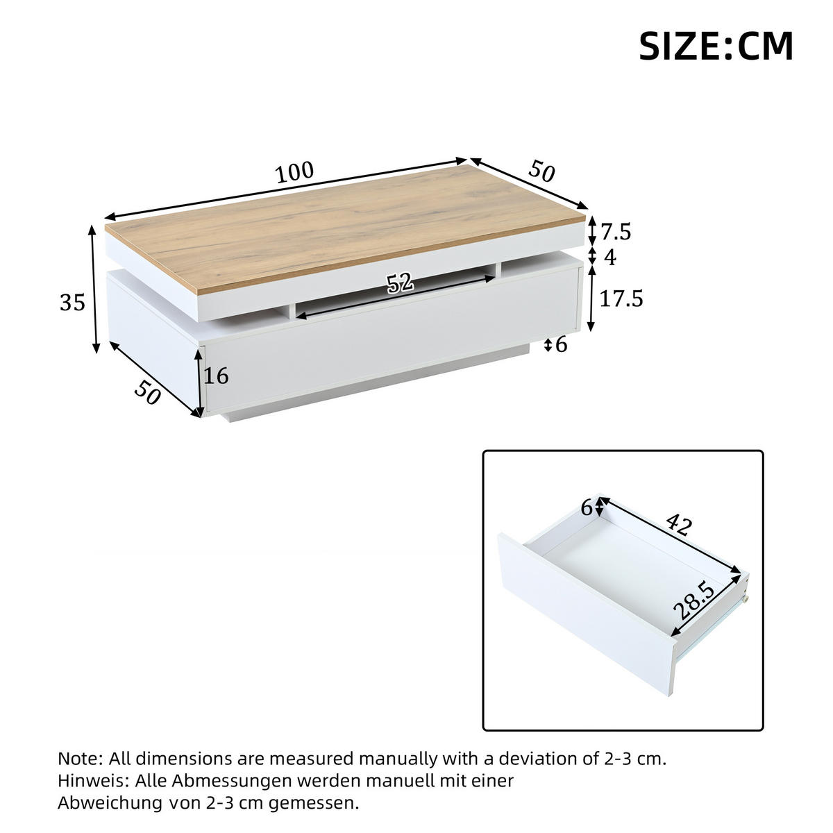 KONFERENČNÍ STŮL bílý a přírodní se 2 zásuvkami, LED, vysoký lesk, do obývacího pokoje, 100 × 50 × 35 cm - bílá/přírodní, kov/kompozitní dřevo (50/100/35cm) - STILVORA