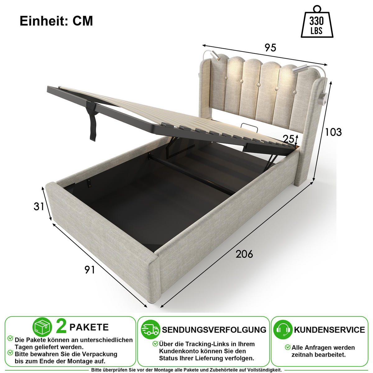 ČALOUNĚNÁ POSTEL 90/200 cm v přírodní barvě s lampičkou, USB a úložným prostorem z lněné látky - přírodní, kov/kompozitní dřevo (90/200cm) - CHICFURN
