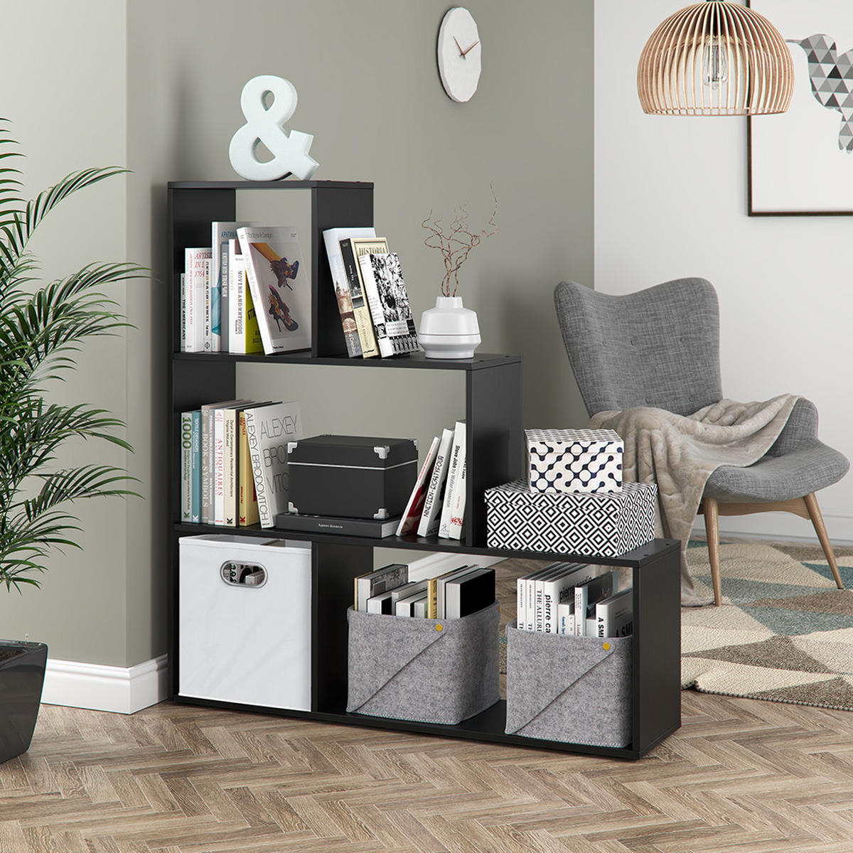 TREPPENREGAL Schwarz 116.8 x 123.2 cm - Schwarz, Holzwerkstoff (116.8/123.2/29cm) - Vicco