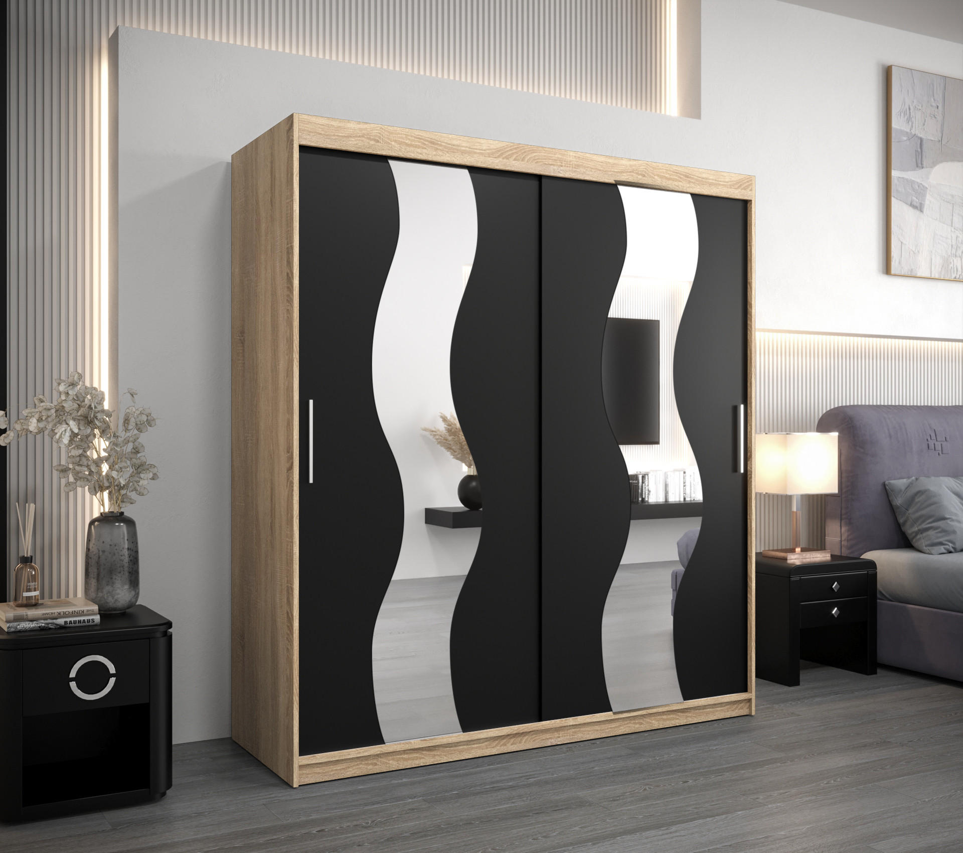 SCHWEBETÜRENSCHRANK 200/180/62 2-türig - Silberfarben/Schwarz, Holz/Kunststoff (180/200/62cm) - Abiks Möbel