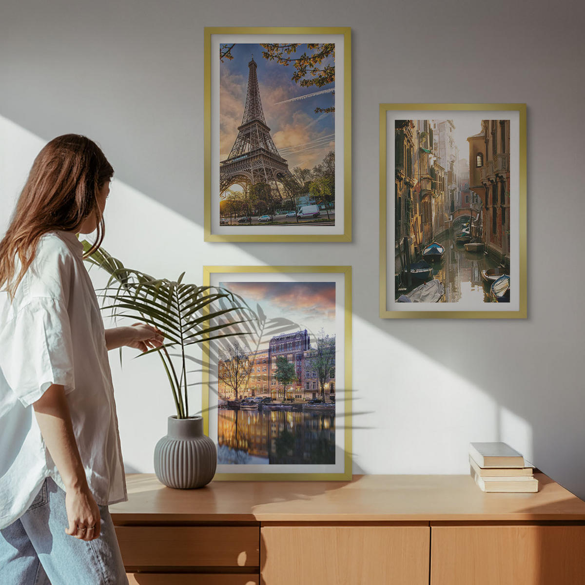 WANDBILDER 3er Set - 40x60 cm Goldrahmen - Eiffelturm Venedig Amsterdamer Kanäle - Goldfarben, Kunststoff (40/60cm) - ArtPrintCave