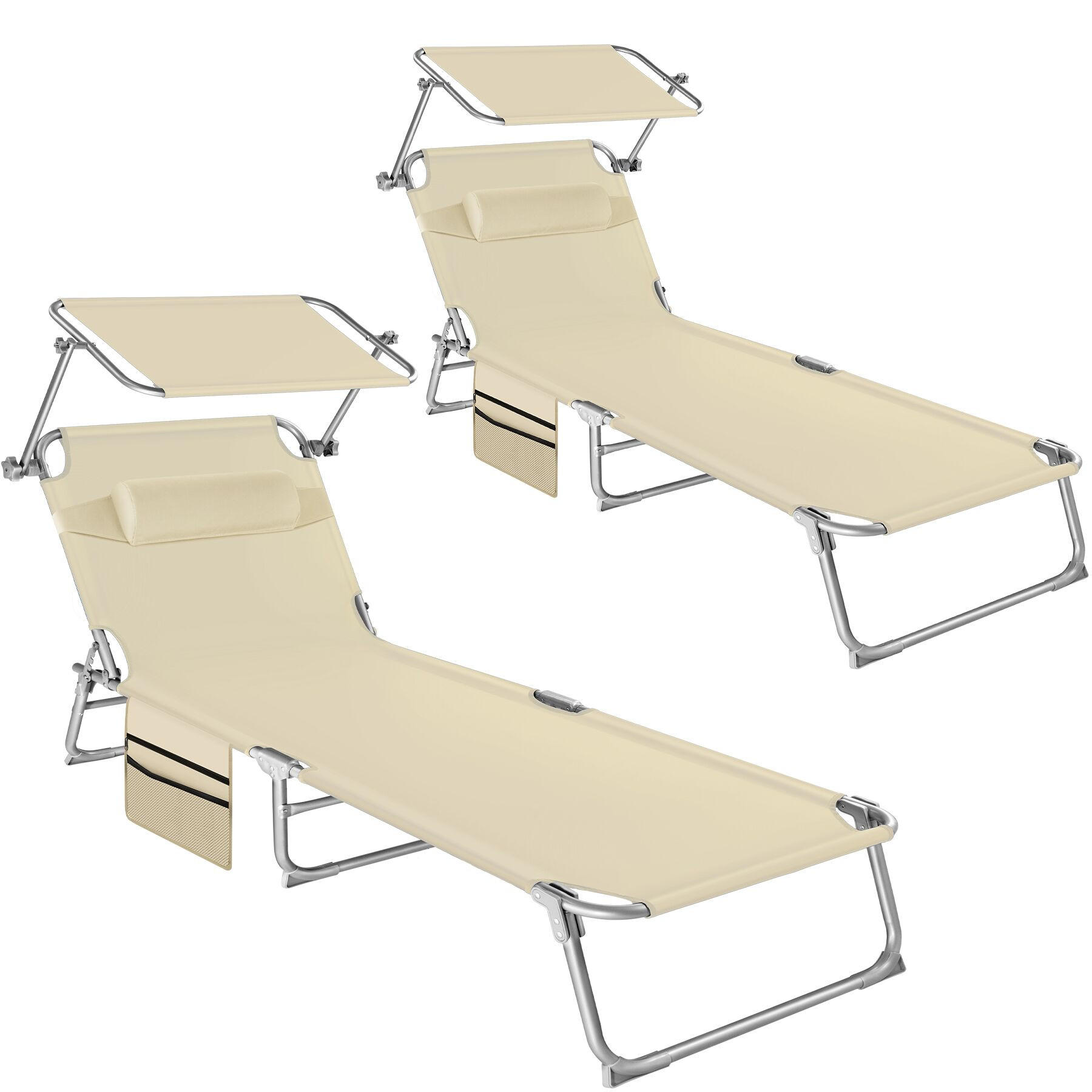 SONNENLIEGE 2er Set Chloé, 190 x 68 x 111 cm, mit Seitentasche, beige - Beige, Kunststoff (68/111/161cm) - tectake