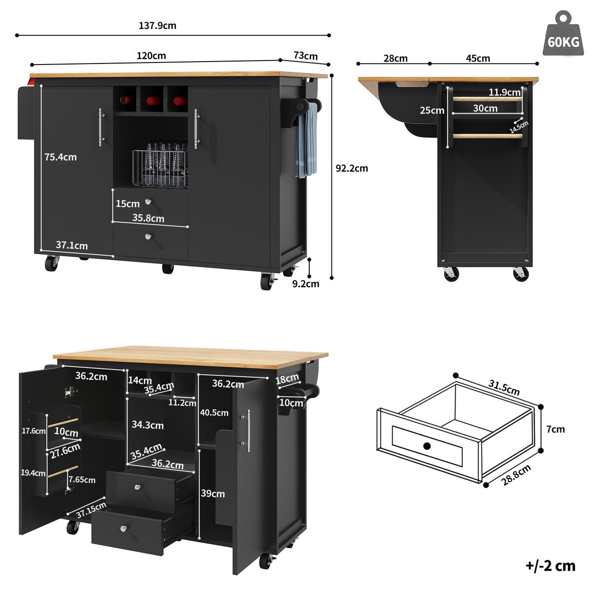 KÜCHENINSEL 137.9x73x92cm Schwarz mit 2 Schubladen & 5 Rollen - Schwarz, Holzwerkstoff (137.9/92/73cm) - Modfu