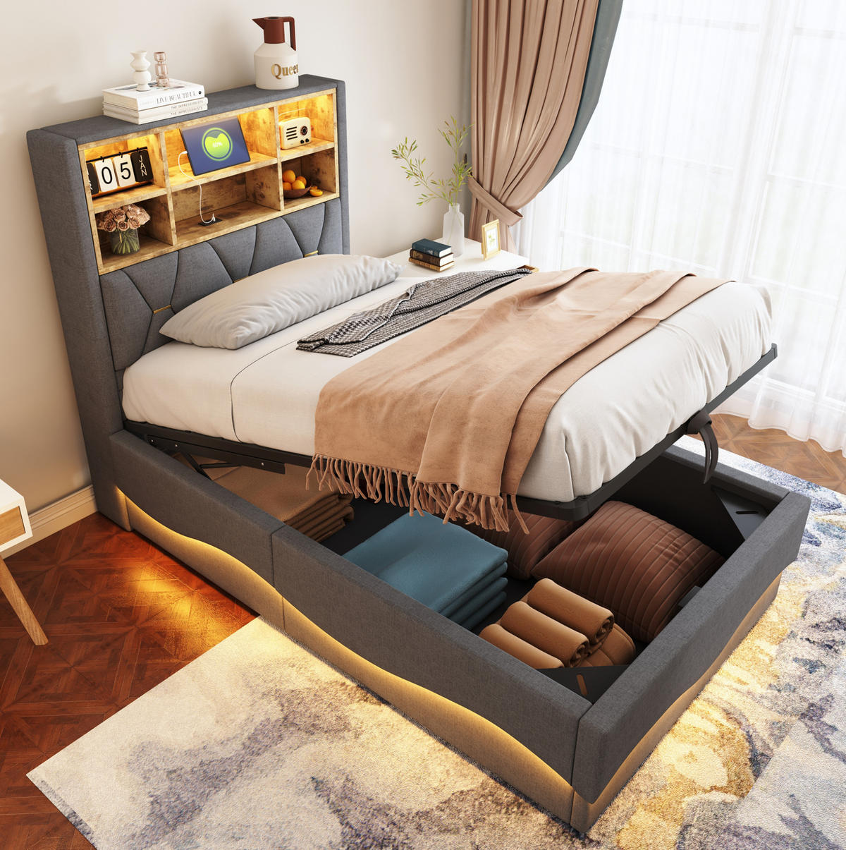 KINDERBETT 90/200 cm in Grau mit Stauraum, LED-Beleuchtung und USB-Anschluss - Grau, Metall (90/200cm) - Flora Grace