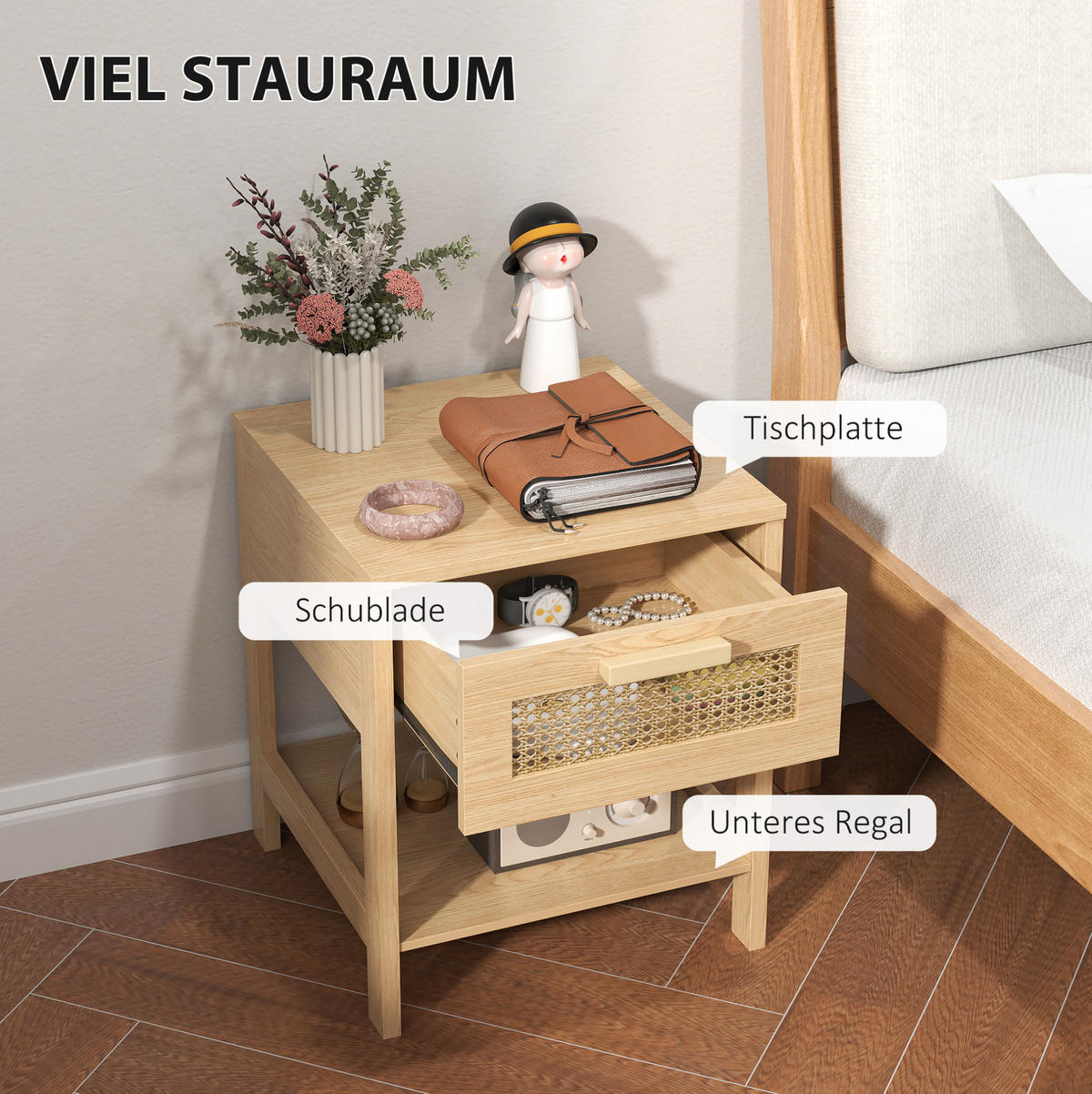NACHTTISCH 40/40/48,4 cm mit Schublade & offenem Fach in Natur mit Rattan-Optik - Hellbraun, Holz (40/48.4/40cm) - BEAOK