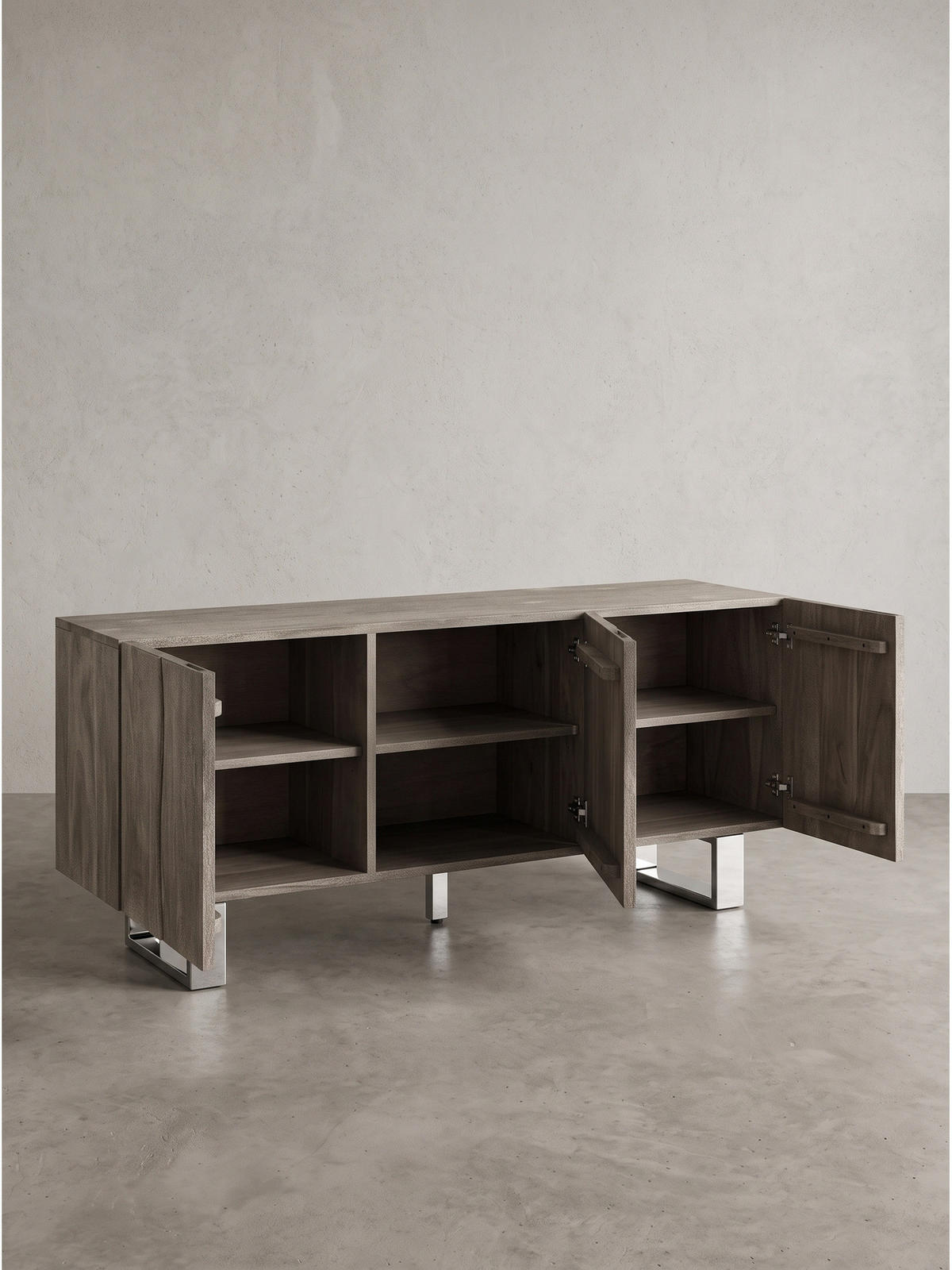 LOWBOARD GRIPSHOLM, Akazie Massivholz, handgefertigt, Akazie-Grau, 160 x 46 x 56 cm - Chromfarben/Grau, Holz/Metall (160/56/46cm) - KADIMA DESIGN