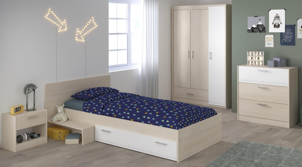 JUGENDZIMMER Set 4-tlg Kleiderschrank Kommode Bett 90 x 200 cm - Silberfarben/Weiß, Holz/Holzwerkstoff (90/179/200cm) - Parisot Meuble