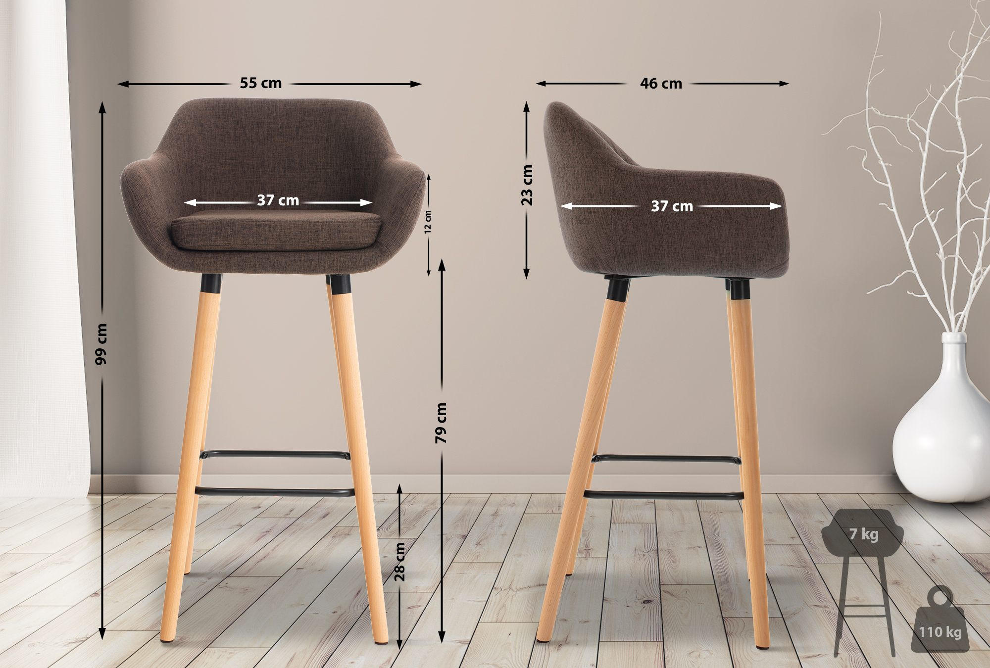 BARHOCKER mit Lehne Braun VILO Stoffbezug 99x55x46 cm - Braun, Holz/Textil (55/99/46cm) - DELUKE