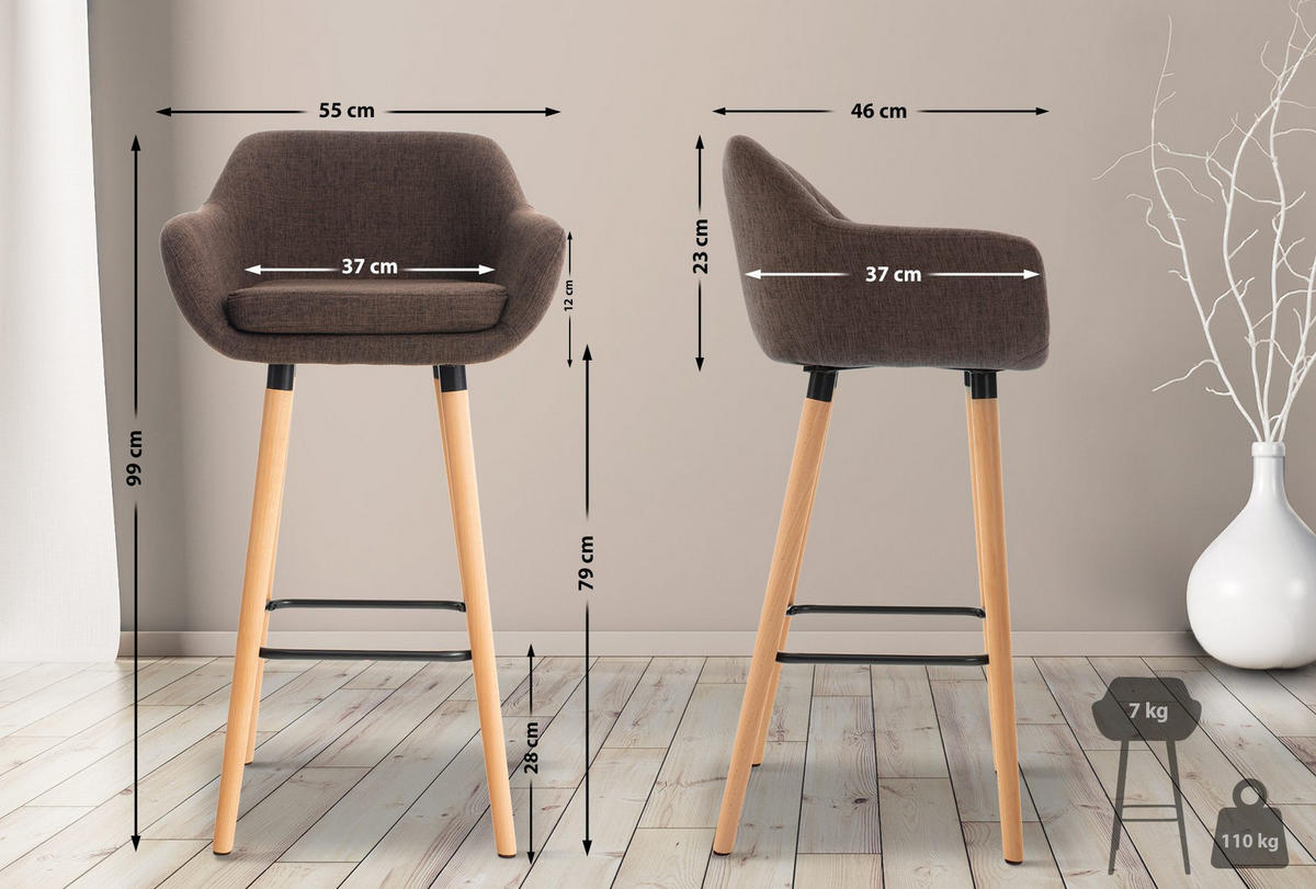 BARHOCKER mit Lehne Braun VILO Stoffbezug 99x55x46 cm - Braun, Holz/Textil (55/99/46cm) - DELUKE
