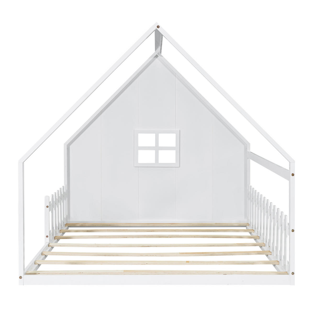 KINDERBETT 140/200 cm mit Hausrahmen und Geländer aus Kiefer und MDF, Weiß - Weiß, Holzwerkstoff (140/200cm) - Redom