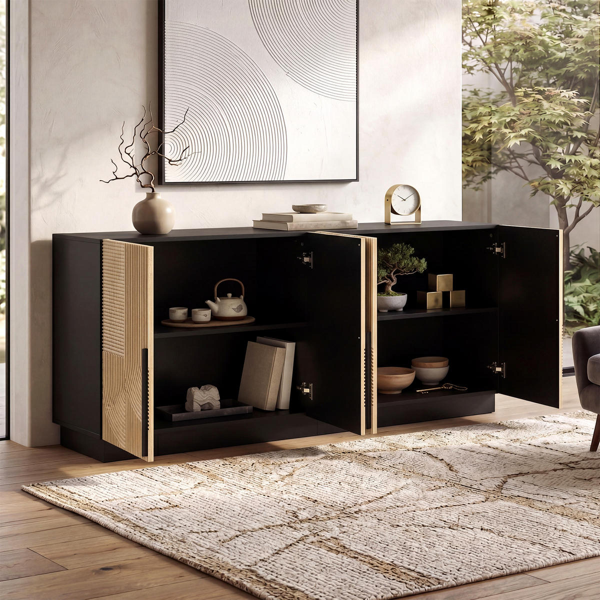 SIDEBOARD 4 Türen Relieffront Metallgriffe MDF Schrank Modern - Multicolor, Holzwerkstoff (160/76/42cm) - FLIEKS