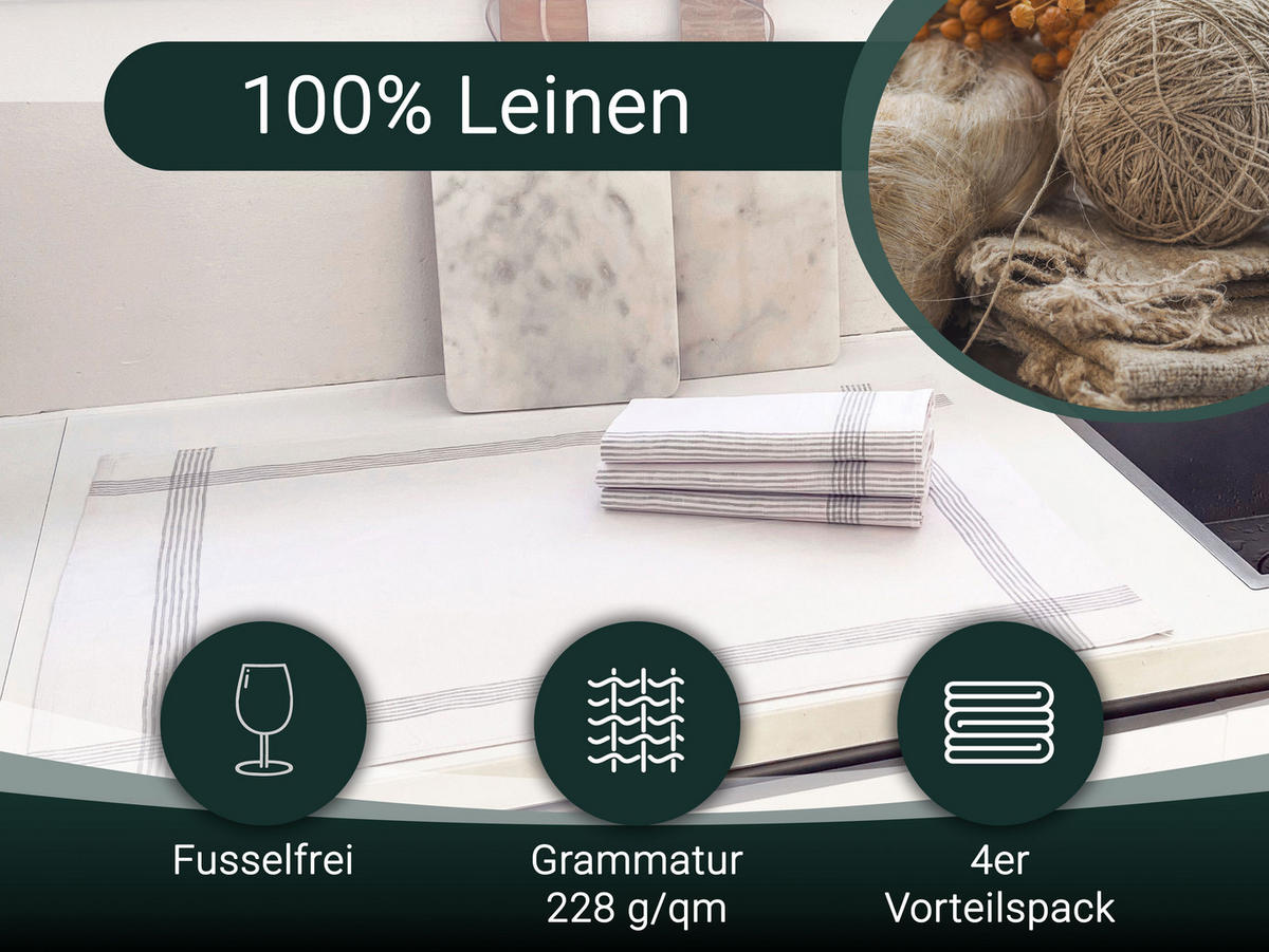 GESCHIRRTÜCHER, 4er-Set, 50x70 cm, 100% Leinen, Weiß - Hellgrau, Textil (50/70cm) - Zollner