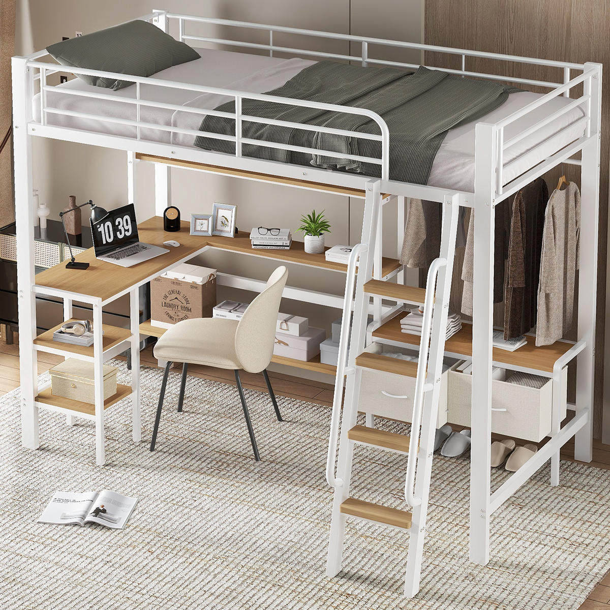 HOCHBETT 90/200 cm in Weiß & Natur mit Schreibtisch, Regal und 2 Stoffboxen Metall & Holz-Design - Weiß, Metall (90/200cm) - STILVORA