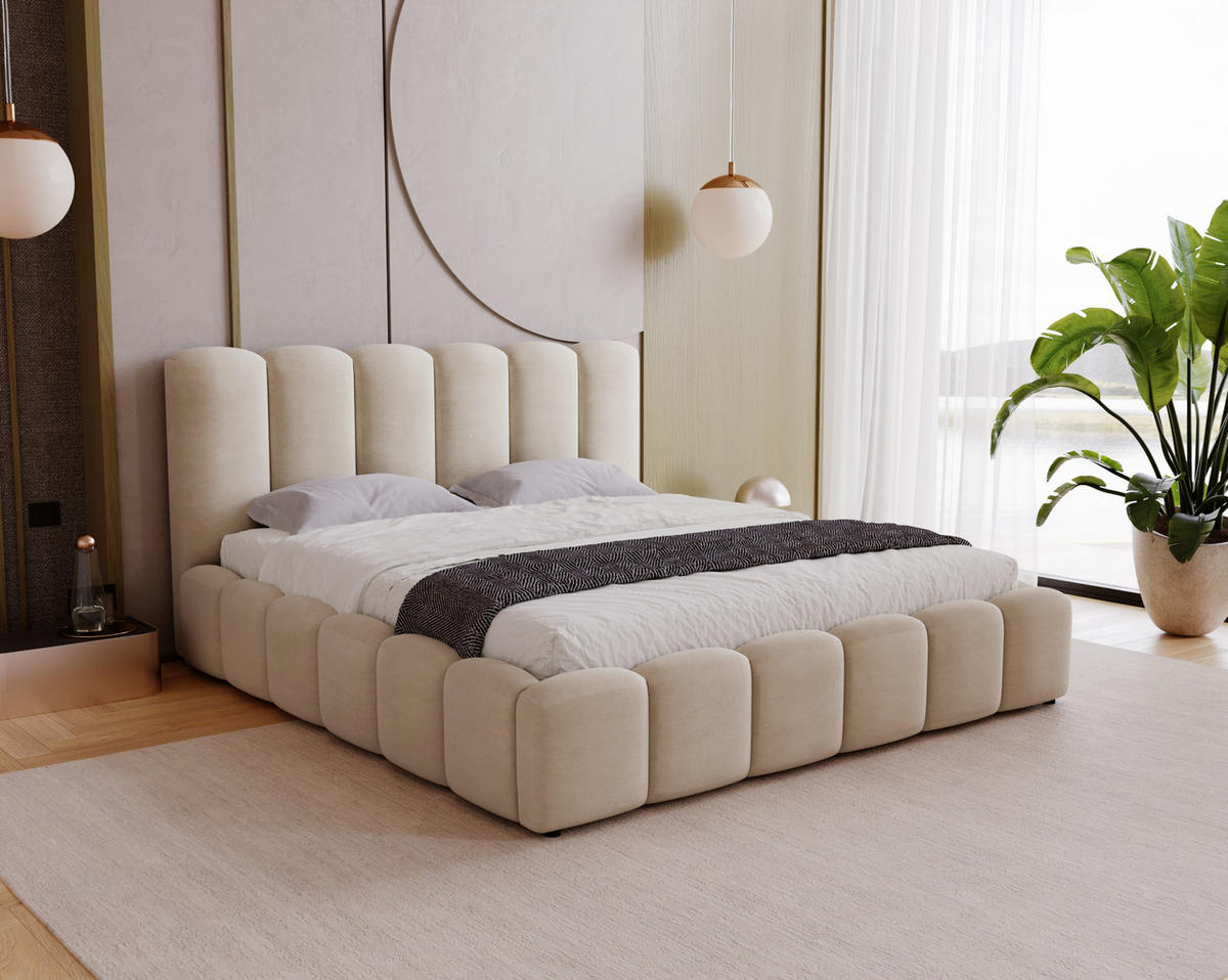 POLSTERBETT 140x200 cm Florent, Bettkasten, Samt, Beige - Beige, Holz/Textil (140/200cm) - Emporius