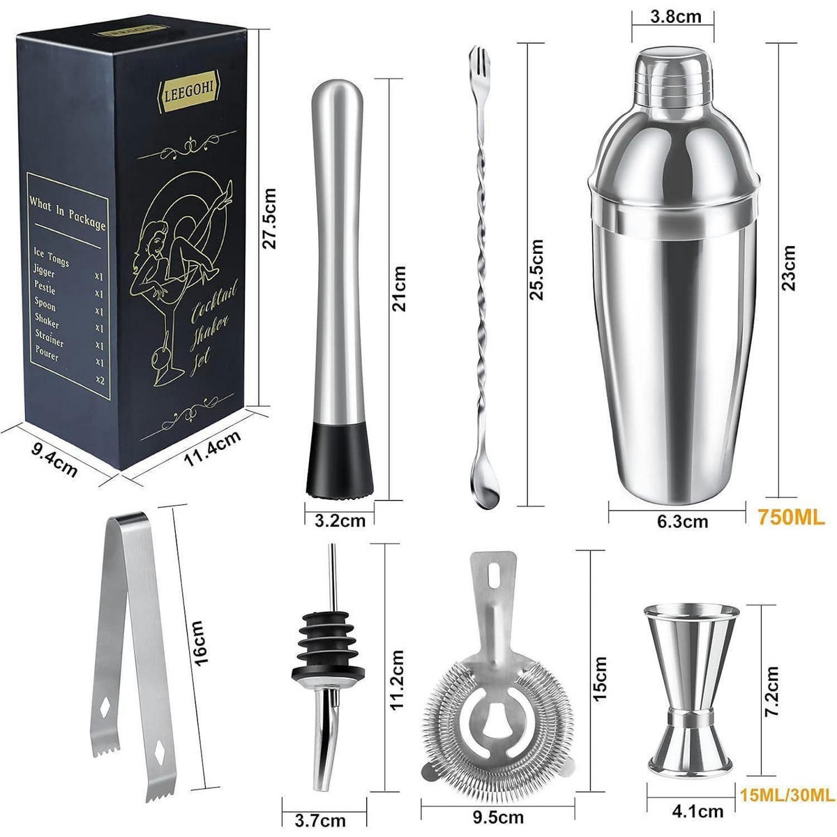 COCKTAIL Shaker Set 8-teiliges Set Edelstahl 750ml - Silberfarben, Metall (7.5/7.5/27.5cm)