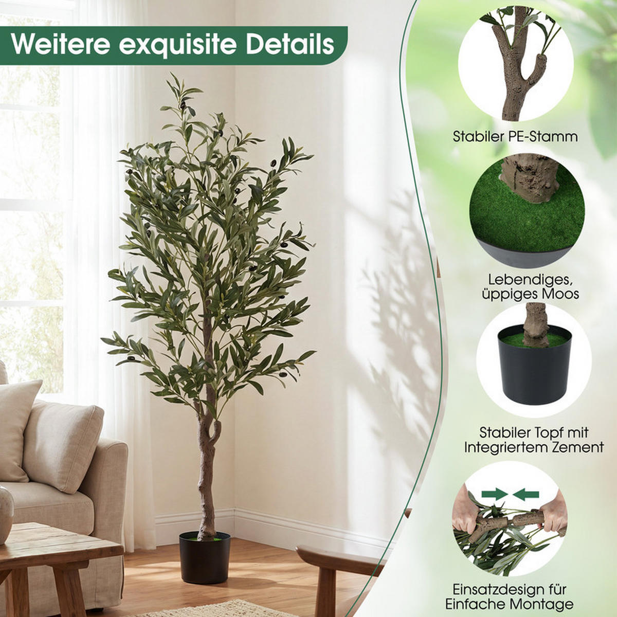 KUNSTOLIVENBAUM im Topf grün(2er-Set) - Grün, Kunststoff (150cm) - COSTWAY