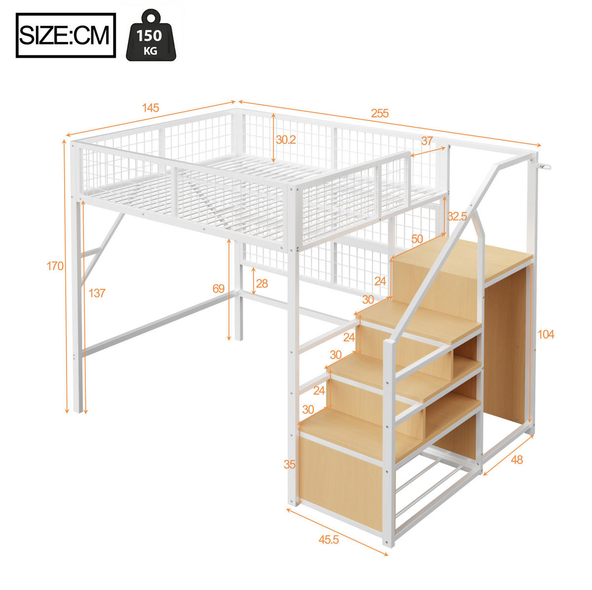 HOCHBETT 140/200 cm Weiß mit LED-Beleuchtung und Stauraum - Weiß, Metall (140/200cm) - Flora Grace