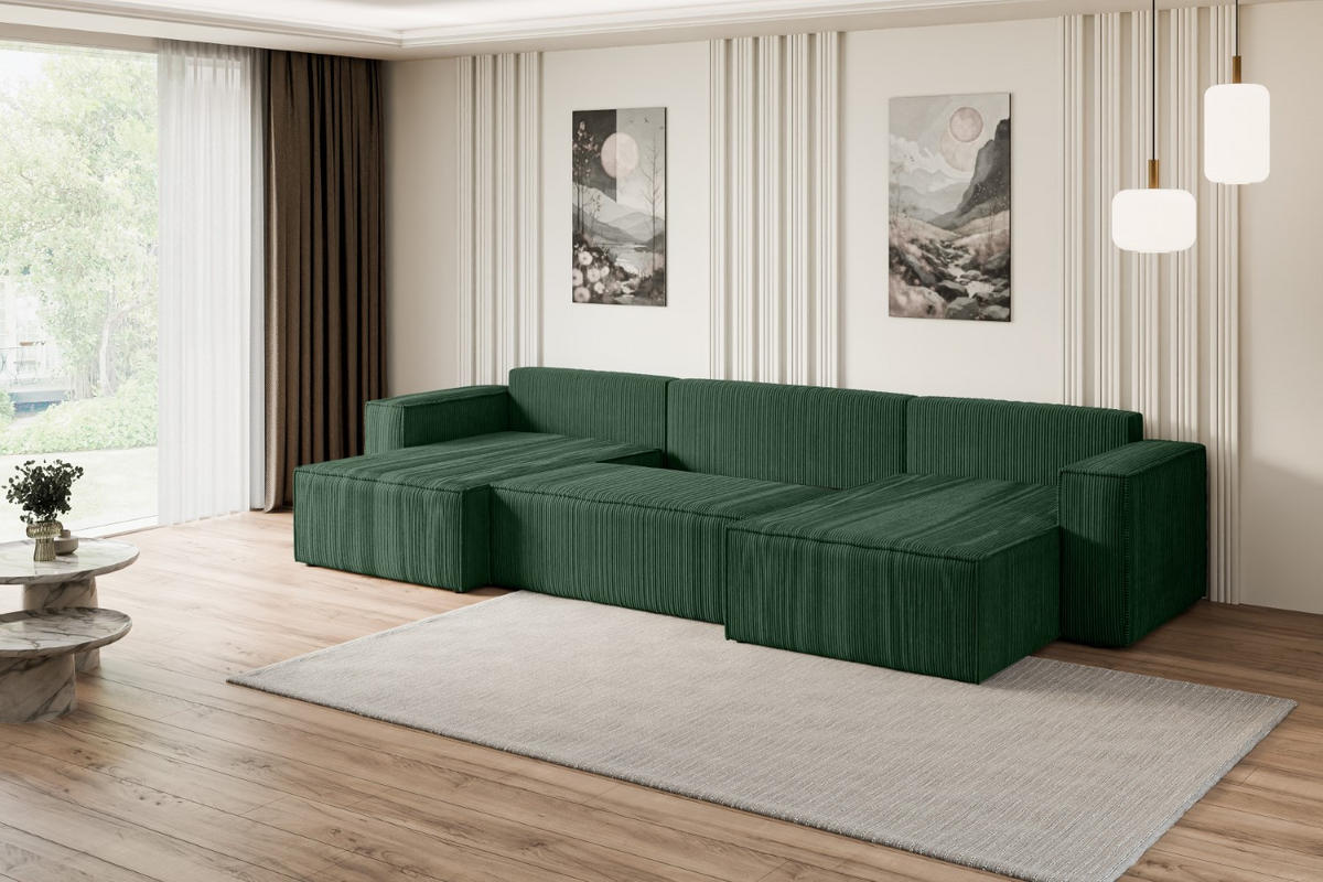 WOHNLANDSCHAFT mit Schlaffunktion und Bettkasten CELTIC-XLU - 377x143x83 cm Grün Cord - Schwarz/Grün, Holzwerkstoff/Kunststoff (377/83/143cm) - ALTDECOR