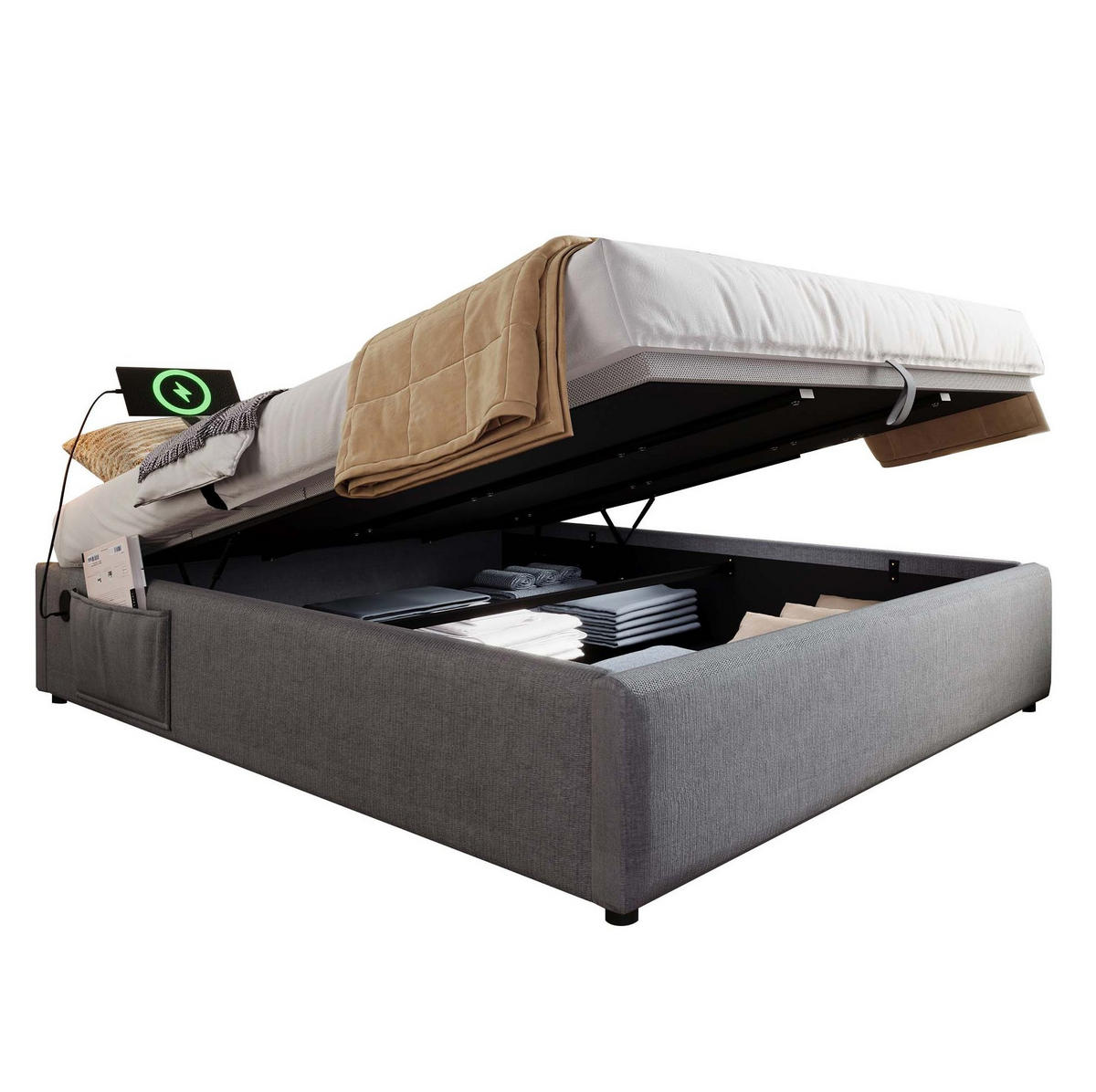 POLSTERBETT mit Bettkasten 140/200 cm ohne Kopfteil mit USB-C in Grau - Grau, Textil (140/200cm) - BEAOK