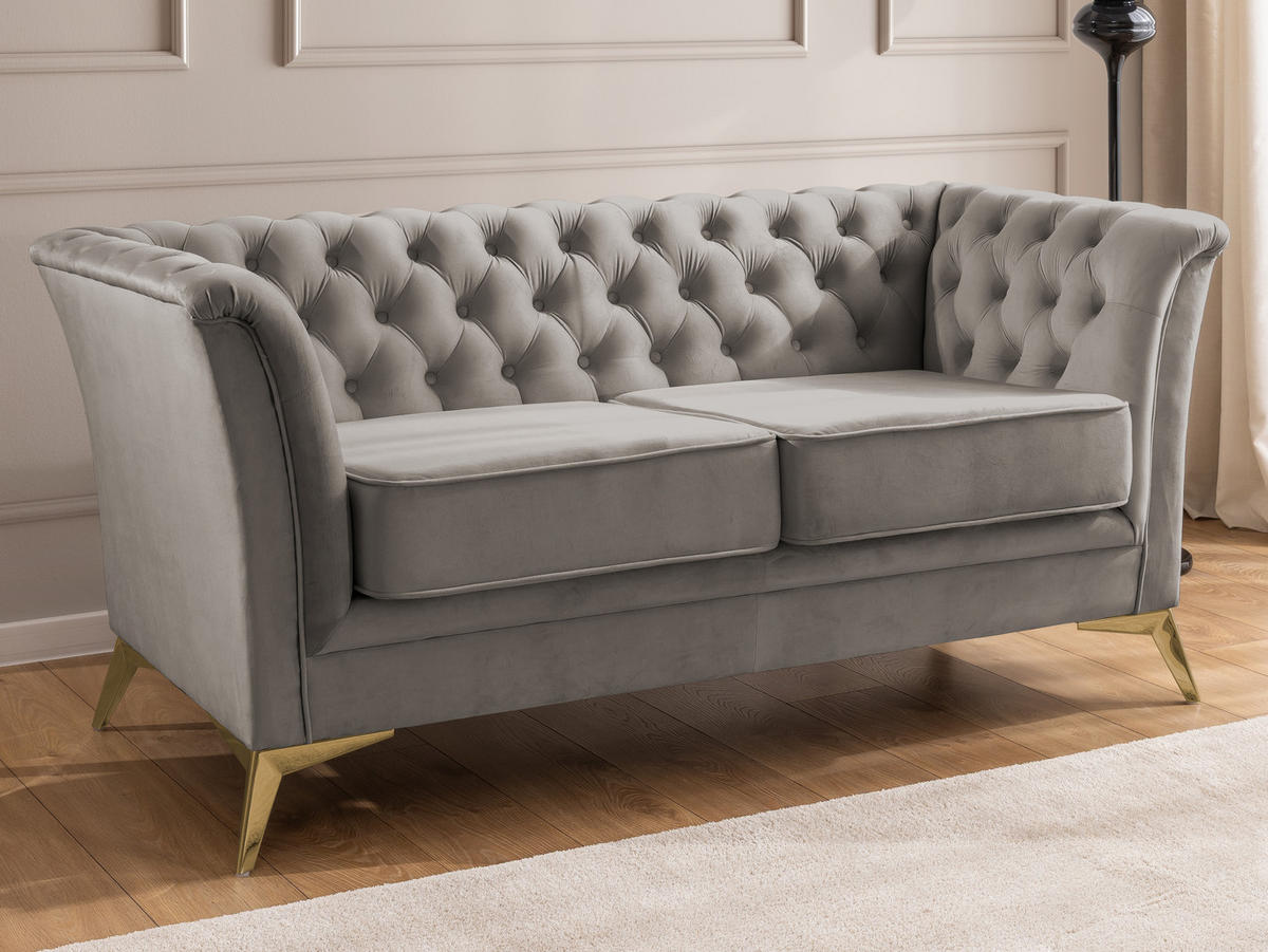 CHESTERFIELD-SOFA 2-sitzer Whitby Grau Samt mit goldenen Füßen - Goldfarben/Grau, Holz/Textil (175/78/82cm) - S-Style Möbel