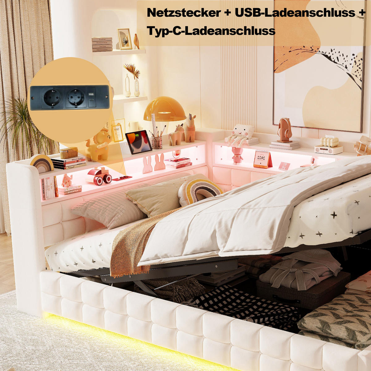 POLSTERBETT Beige 140×200cm mit hydraulischem Stauraum, Holzregal, LED-Lichtleiste und Ladeanschlüssen - Beige, Textil (140/200cm) - Luhomfu