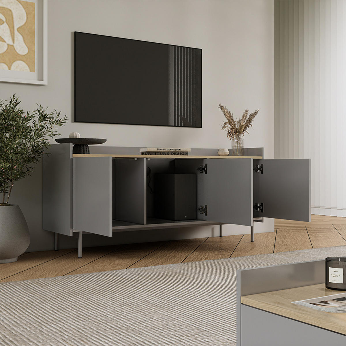 NÍZKÝ NÁBYTEK POD TELEVIZI Velina Šedá/dubová - šedá, kompozitní dřevo (140/63/40cm) - Vicco