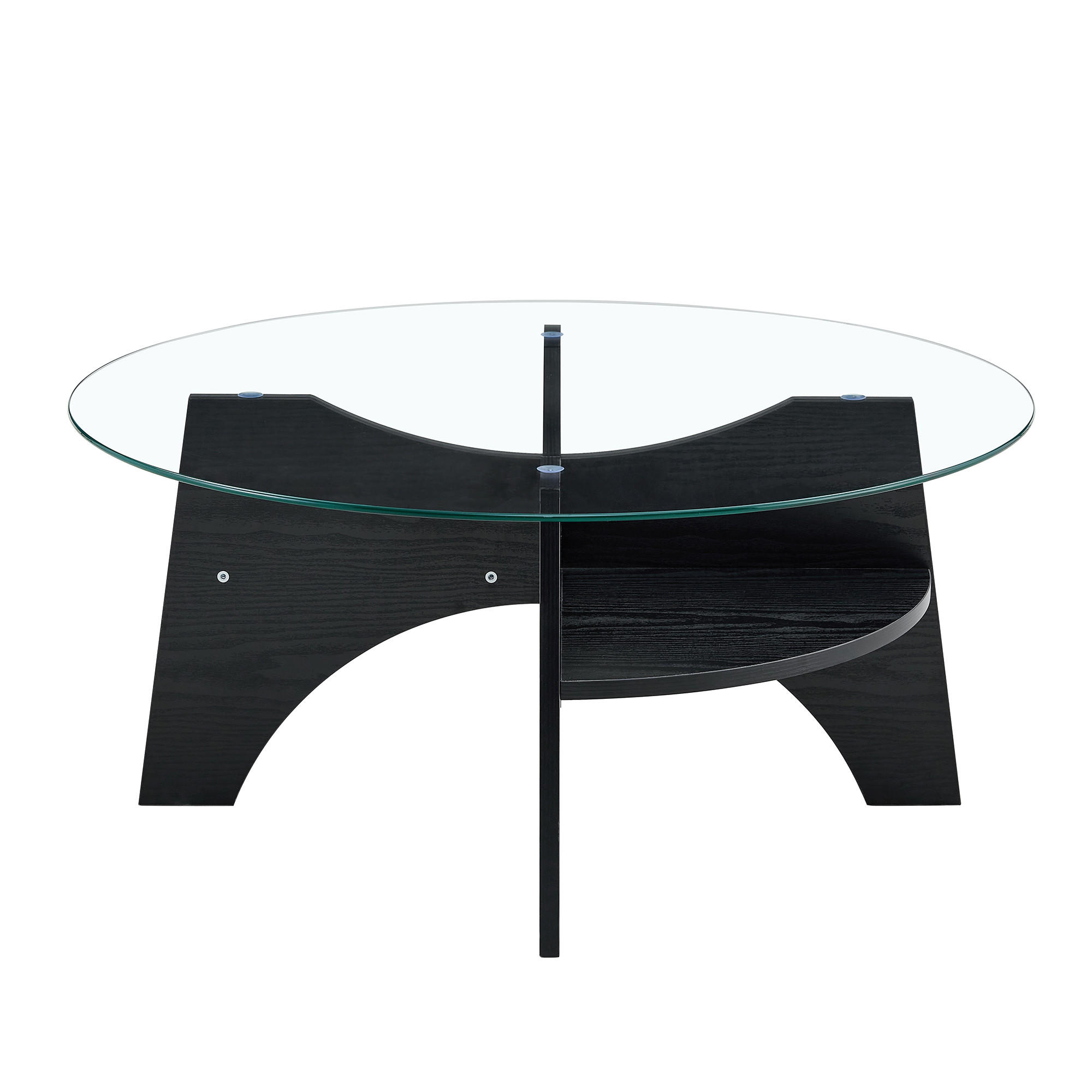 COUCHTISCH Glas MDF fächerförmiges Gestell Sicherheitsglas stabil modern Schwarz Ø70 cm - Transparent/Schwarz, Glas/Holzwerkstoff (80/80/36cm) - EVRYAE