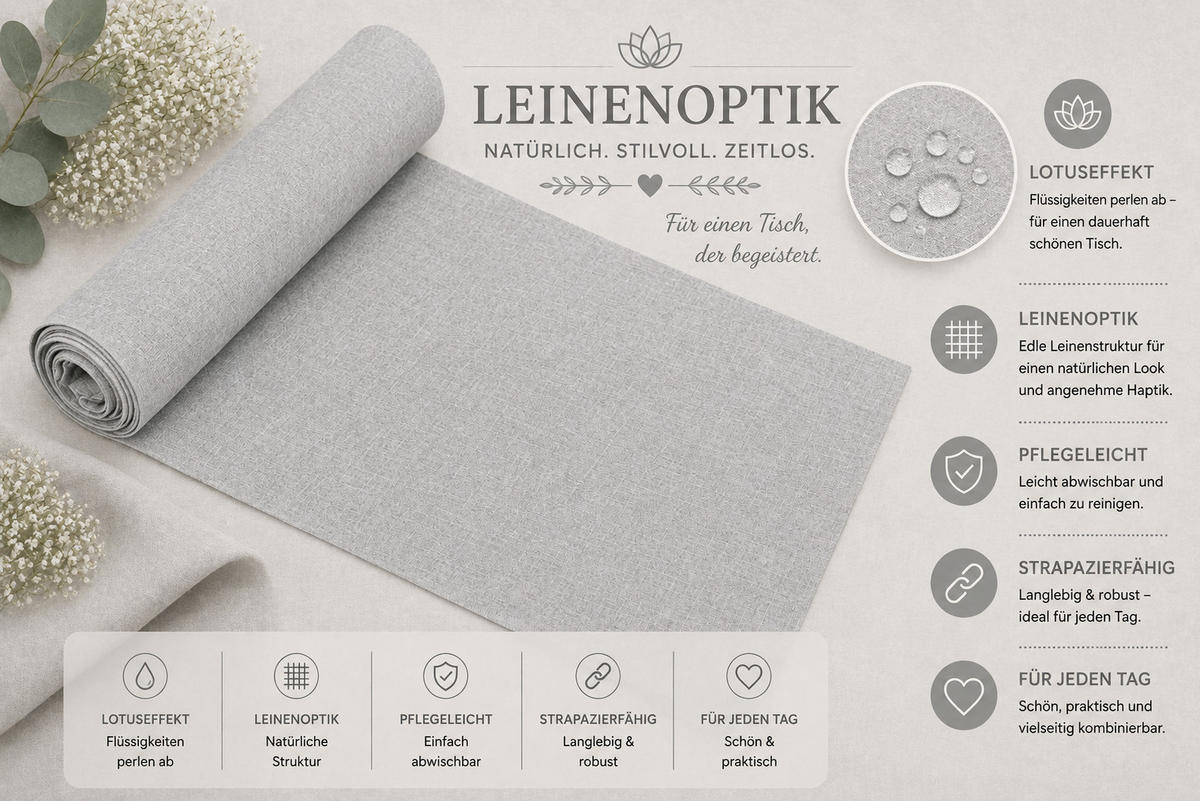 TISCHLÄUFER 40/100 cm Silber Leinenoptik - Silberfarben, Textil (40/100cm) - TiborTex