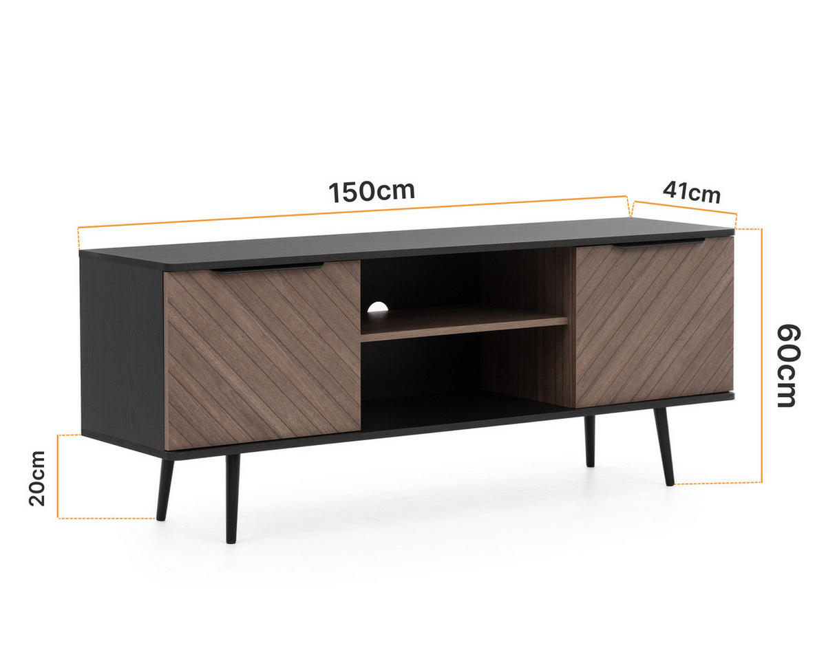 TV-LOWBOARD Pinelli 150 cm breite 2-türig - Schwarz/Braun, Holzwerkstoff/Metall (150/60/41cm) - Ravio
