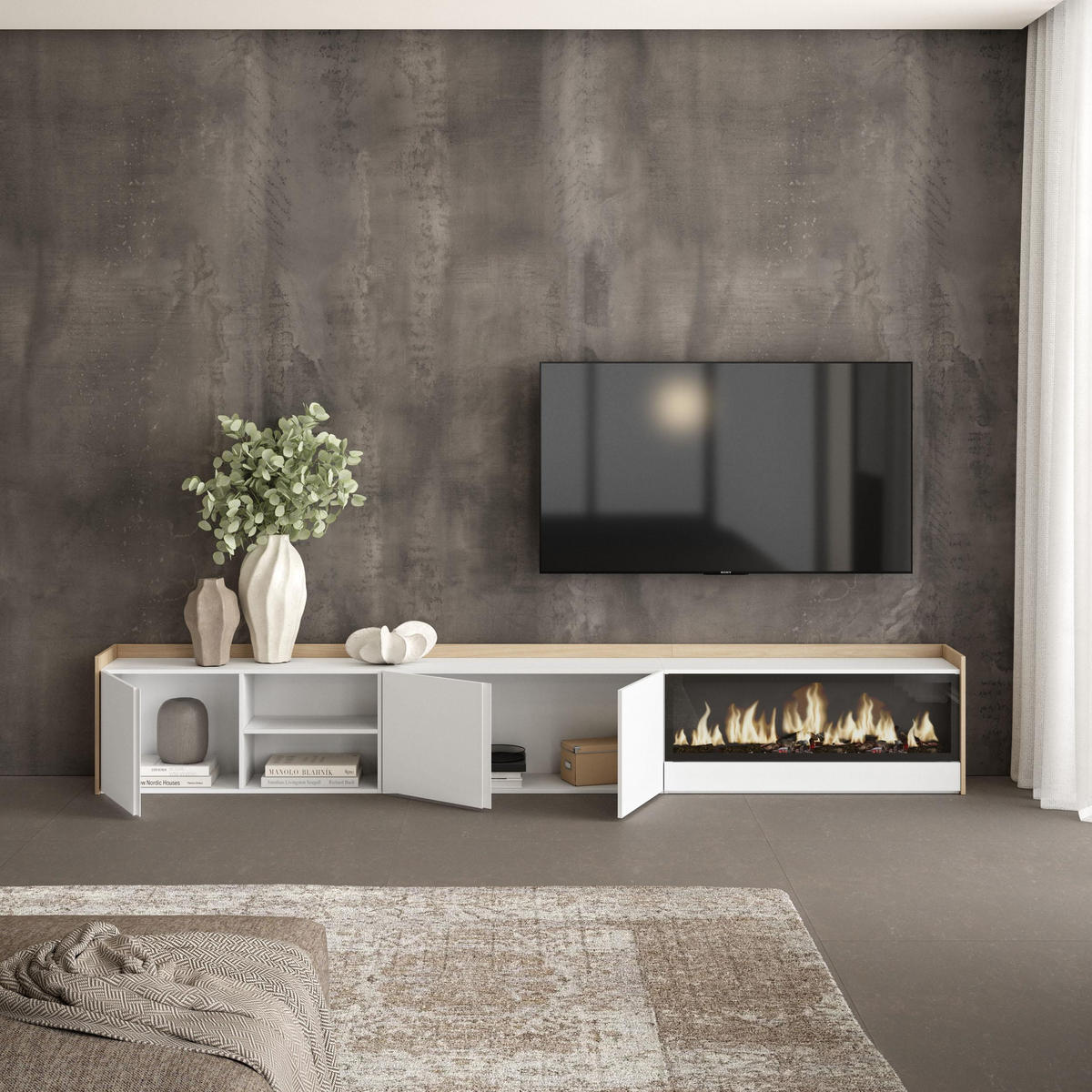 LOWBOARD, Weiß und Eiche, 315/35/50cm, Kamin mit Feuereffekt XXL - Weiß, Holzwerkstoff (315/50/35cm) - Skraut Home