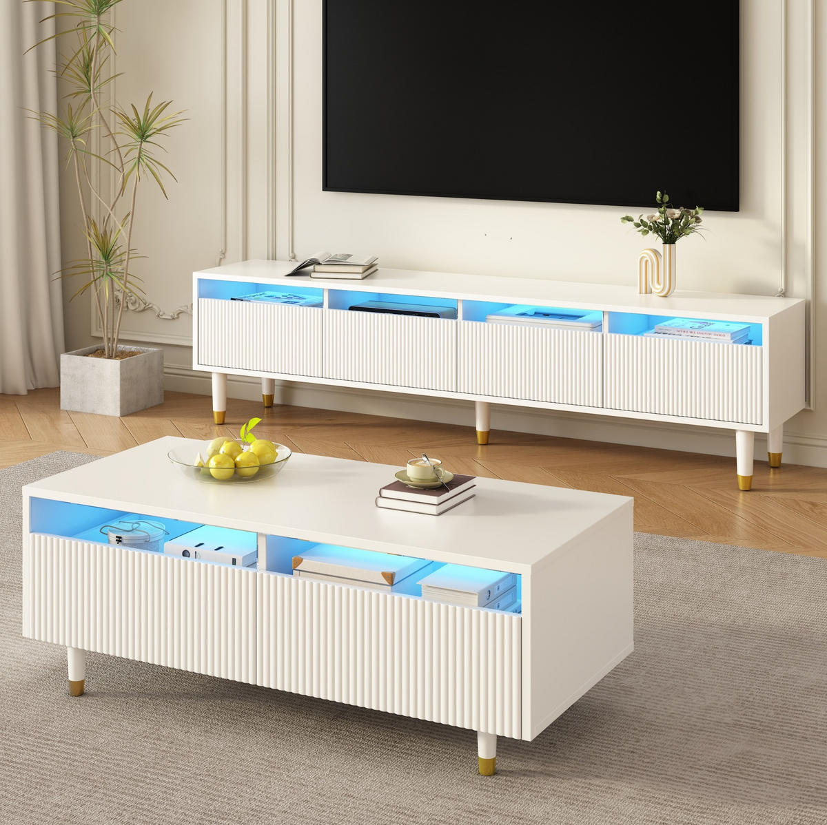 TV-ELEMENT 178/35/45 cm mit 4 Türen und LED-Beleuchtung in Weiß - Weiß, Holzwerkstoff (178/45/35cm) - BEAOK